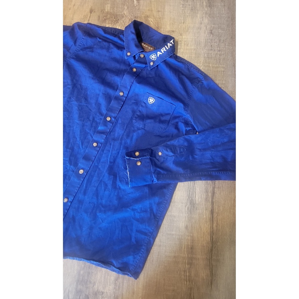 Ariat Boys XL Blue Long Sleeve Western Button Down Shirt Logo Collar Twill